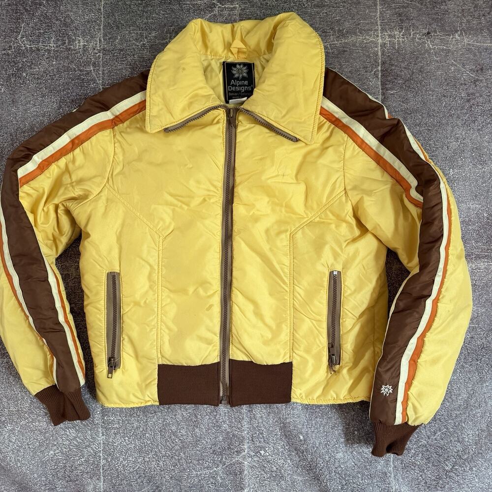 Women's Vintage 70s Alpine Designs Pastel Yellow Striped Down Puffer Jacket Sz L